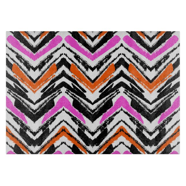 Black, Orange, And Pink Hand Drawn Chevron Pattern Cutting Board (Front)