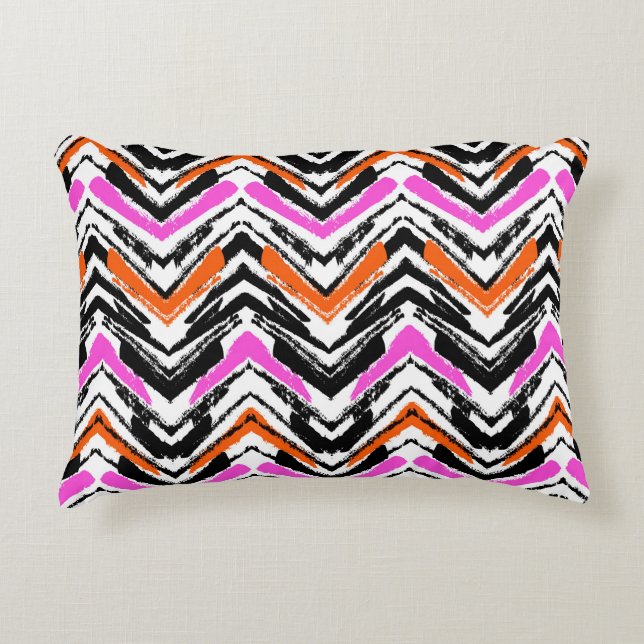 Black, Orange, And Pink Hand Drawn Chevron Pattern Decorative Cushion (Front)