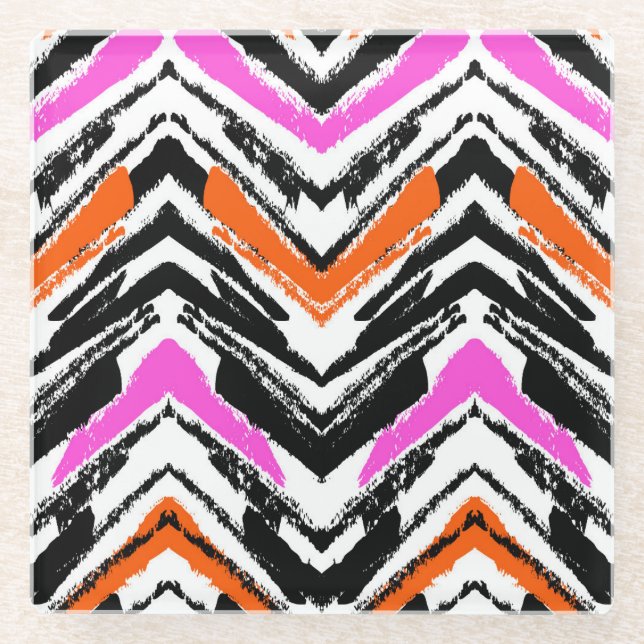 Black, Orange, And Pink Hand Drawn Chevron Pattern Glass Coaster (Front)