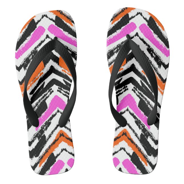 Black, Orange, And Pink Hand Drawn Chevron Pattern Jandals (Footbed)