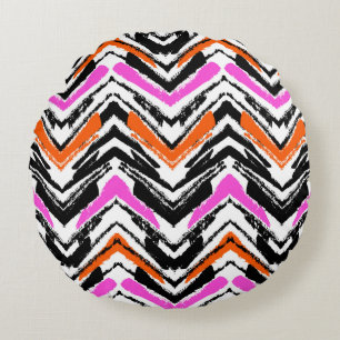 Black, Orange, And Pink Hand Drawn Chevron Pattern Round Cushion