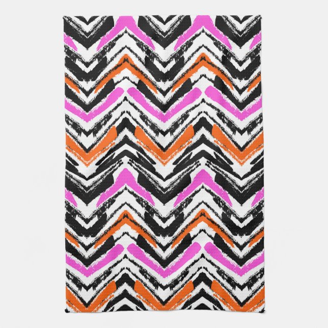 Black, Orange, And Pink Hand Drawn Chevron Pattern Tea Towel (Vertical)