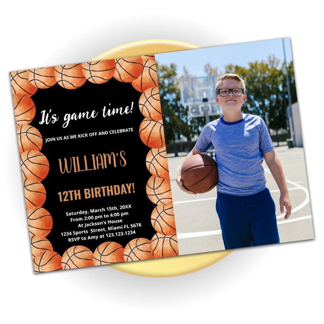 Black Orange Balls Basketball Birthday With Photo Invitation (Creator Uploaded)