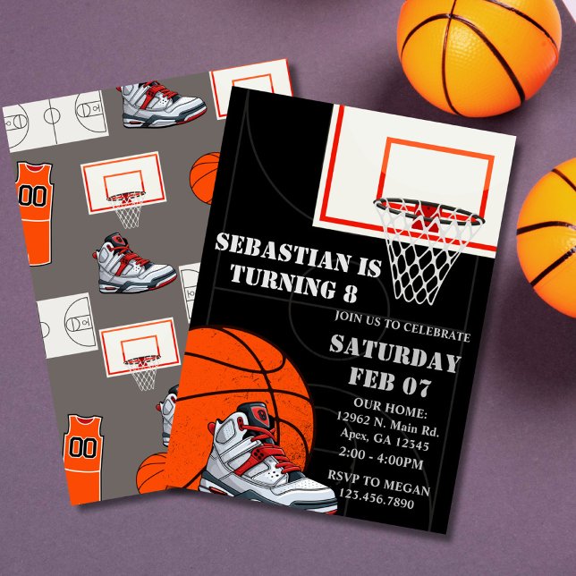 Black Orange Basketball Birthday Invitations (Basketball Birthday Invitation, )