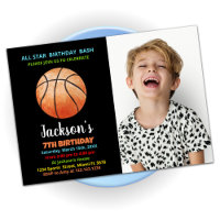 Black Orange Basketball Birthday Invitations photo
