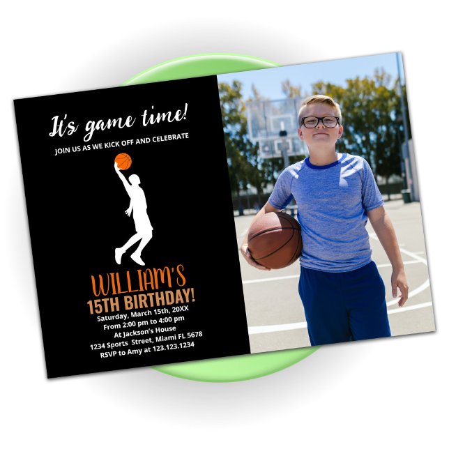Black Orange Basketball Birthday With Photo Invitation (Creator Uploaded)