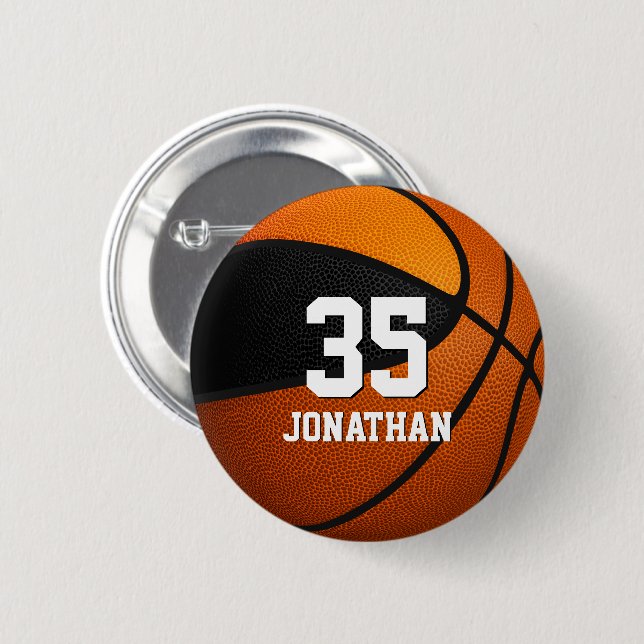 black orange basketball team colours w player name 6 cm round badge (Front & Back)