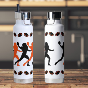 Black Orange Bengal Football player Silhouettes Water Bottle