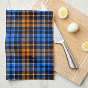 Black Orange Blue Plaid Tartan Design  Tea Towel