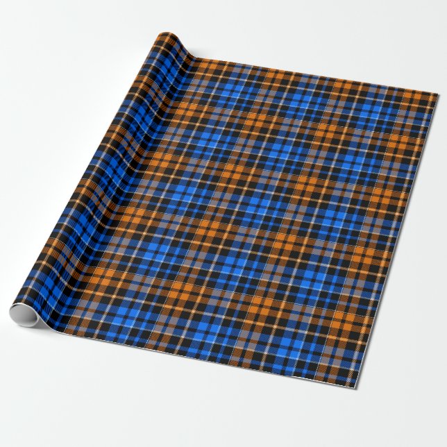 Black Orange Blue Plaid Tartan Design  Wrapping Paper (Unrolled)