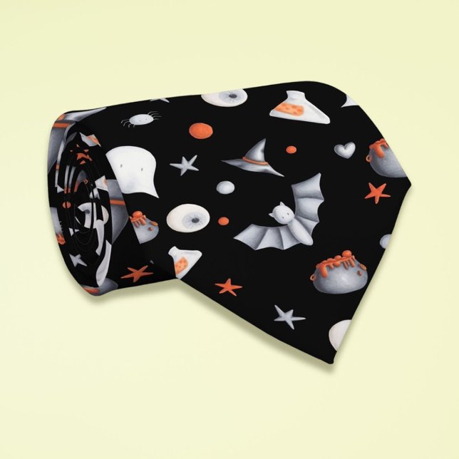 Black Orange Cauldrons Bats Illustrated Halloween Tie (Creator Uploaded)