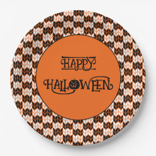 BLACK ORANGE CHECK KNIT 9" Round Paper Plates II