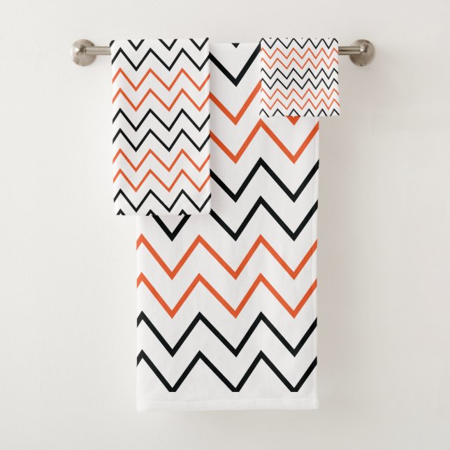 Black Orange Chevron Zigzag Bath Towel Set (Insitu)