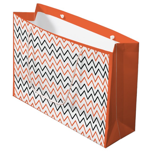 Black Orange Chevron Zigzag Large Gift Bag (Front Angled)