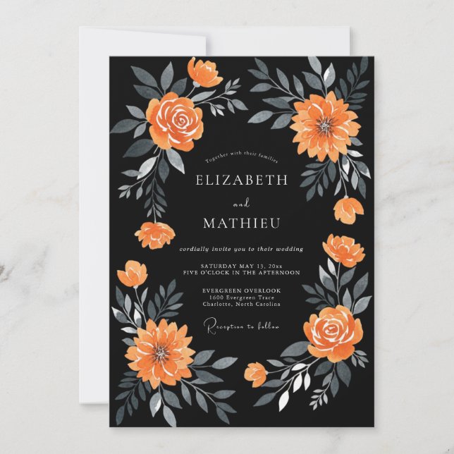 Black Orange Dahlia Wedding Invitation (Front)