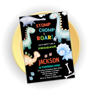 Black Orange Dinosaur Birthday Invitations