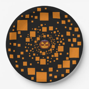 Black orange evil pumpkin float squares Halloween  Paper Plate