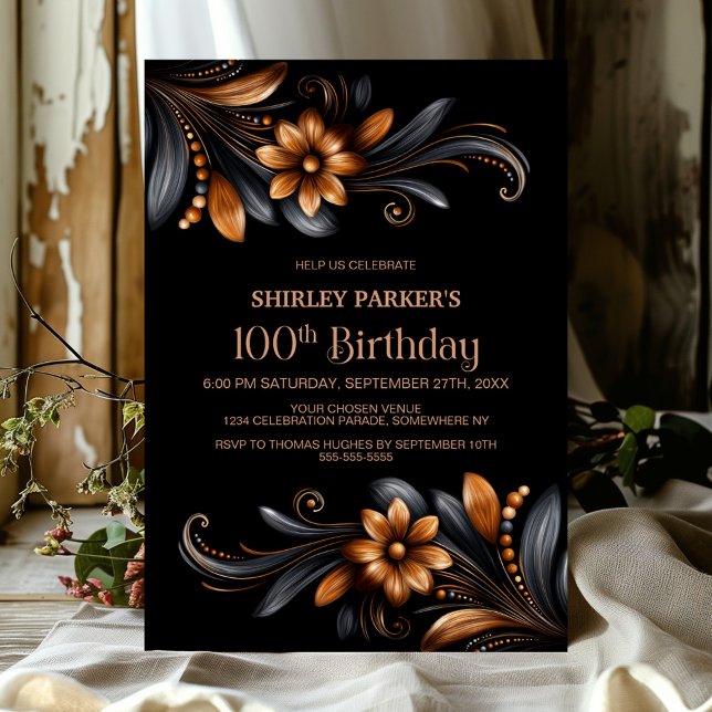 Black Orange Floral 100th Birthday Party Invitation (Creator Uploaded)