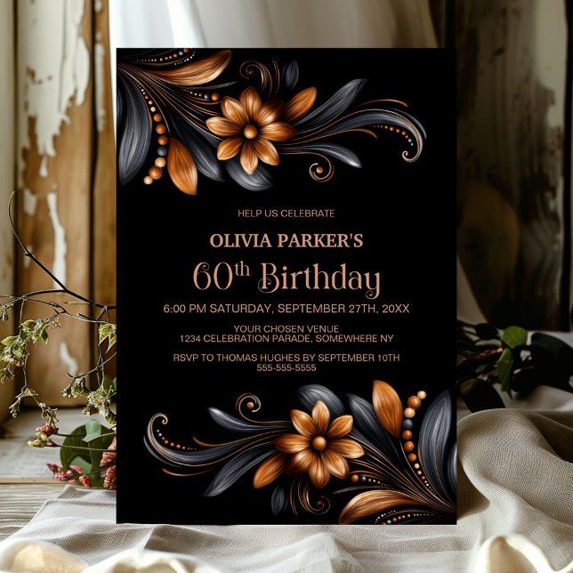 Black Orange Floral 60th Birthday Party Invitation (Creator Uploaded)
