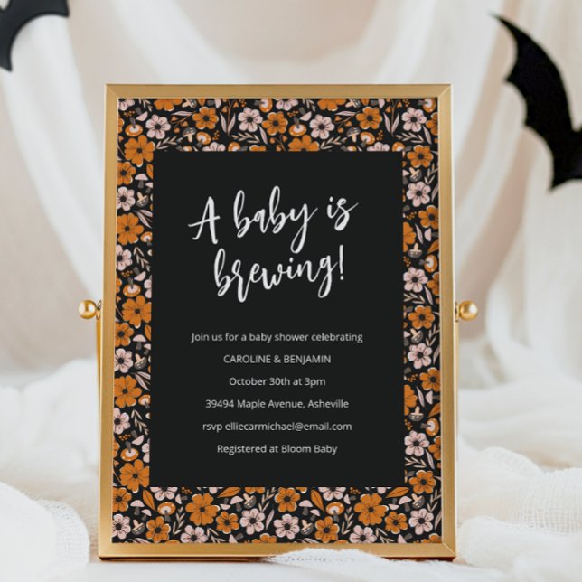 Black Orange Floral Brewing Halloween Baby Shower Invitation (Creator Uploaded)