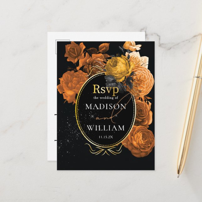 Black Orange Floral Wedding Meal Choice RSVP Postcard (Front/Back In Situ)