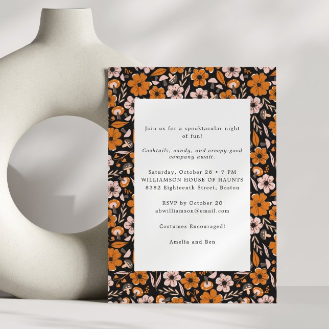 Black Orange Flowers Adult Halloween Party Invitation (Creator Uploaded)