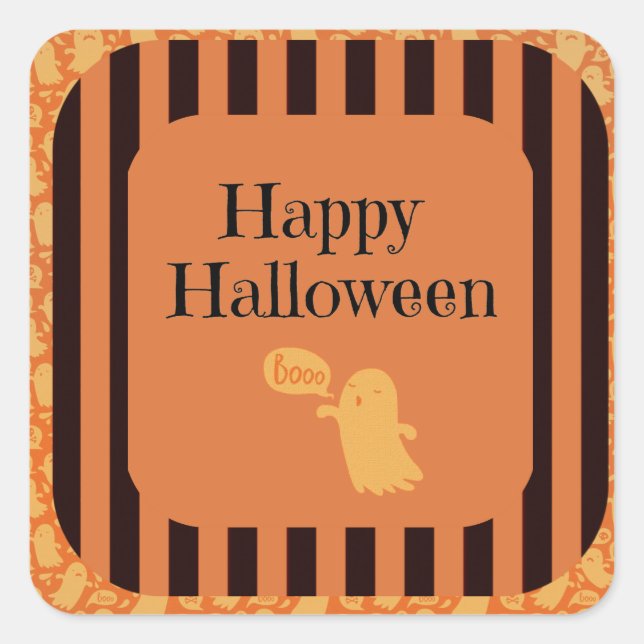 Black Orange Ghose Fun Halloween Party Square Sticker (Front)