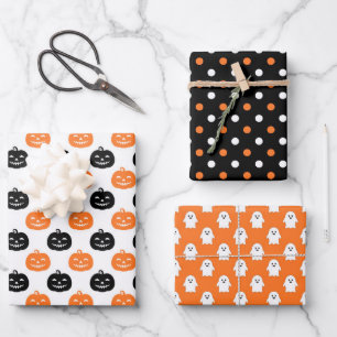 Black Orange Ghost Pumpkin Dots Halloween Wrapping Paper Sheet