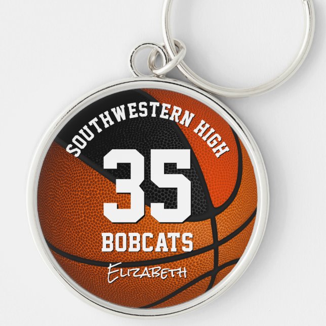 Black orange girl boy sports team name basketball key ring (Front)