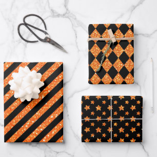 BLACK & ORANGE GLITTER LOOK HALLOWEEN WRAPPING PAPER SHEET