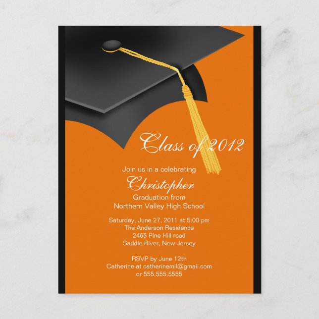 Black Orange Grad Cap Graduation Party Invitation Postcard (Front)