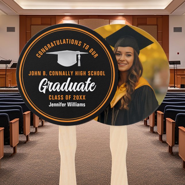 Black Orange Graduate Photo Graduation Party Hand Fan (Creator Uploaded)