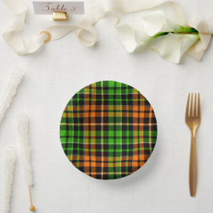 Black Orange Green Plaid Tartan Design Paper Plate