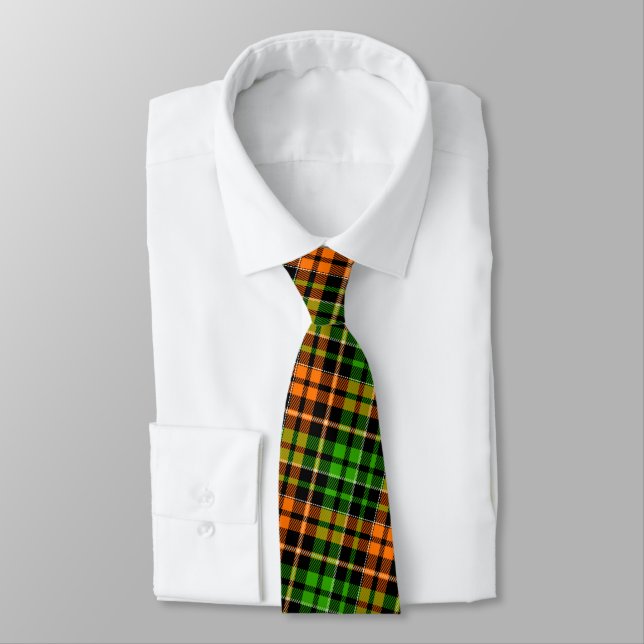 Black Orange Green Plaid Tartan Design  Tie (Tied)