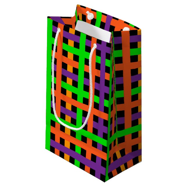 BLACK ORANGE GREEN PURPLE PLAID PATTERN SMALL GIFT BAG (Front Angled)