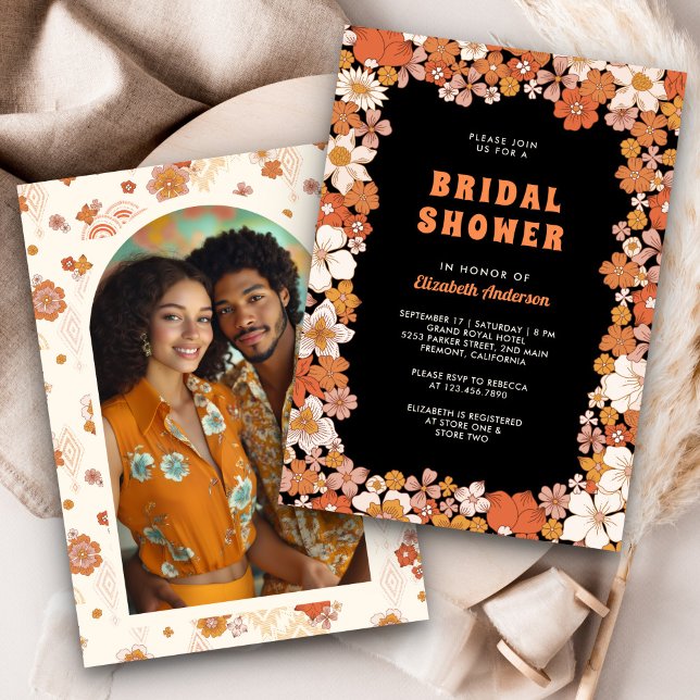 Black Orange Groovy Retro Wildflower Bridal Shower Invitation (Creator Uploaded)