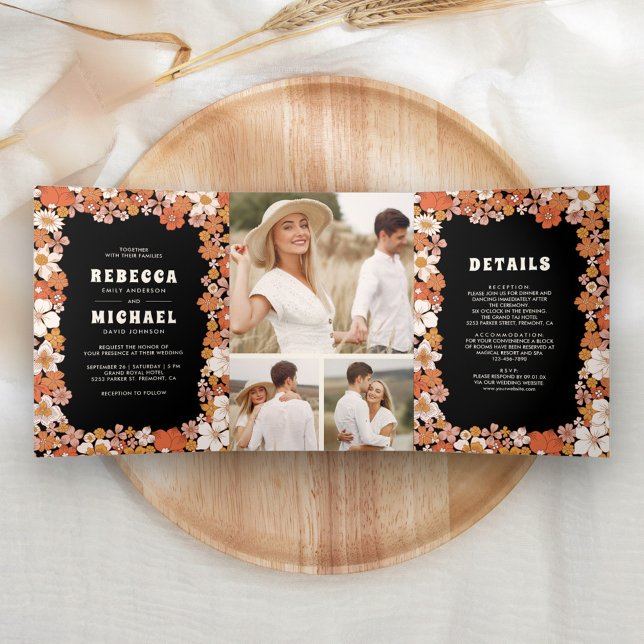 Black Orange Groovy Retro Wildflower Wedding Tri-Fold Invitation (Creator Uploaded)