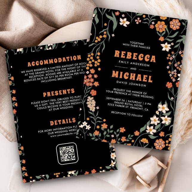 Black Orange Groovy Wildflower All in One Wedding Invitation (Creator Uploaded)
