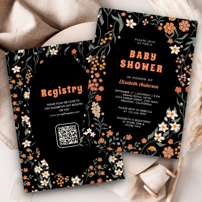 Black Orange Groovy Wildflower Baby Shower Invitation (Creator Uploaded)