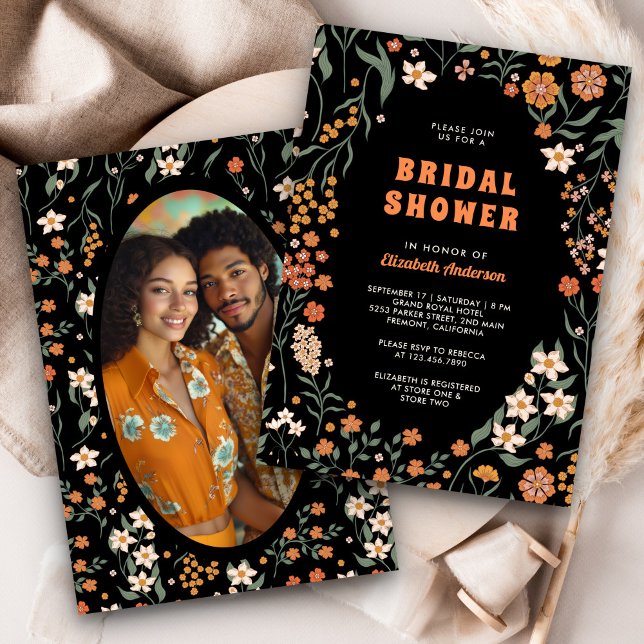 Black Orange Groovy Wildflower Bridal Shower Invitation (Creator Uploaded)