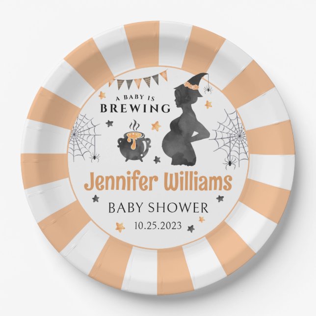 Black orange Halloween baby is brewing baby shower Paper Plate (Front)
