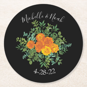 Black & Orange Halloween Gothic Wedding Collection Round Paper Coaster