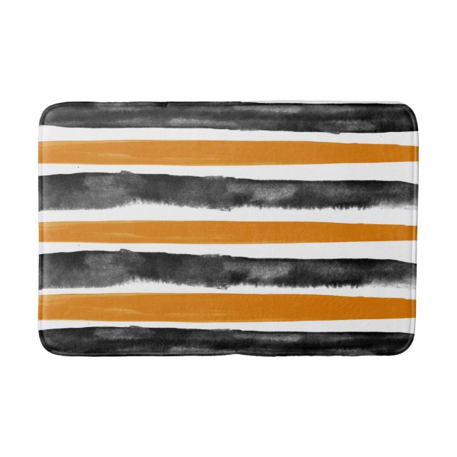 Black & Orange Halloween Watercolor Stripes Bath Mat (Front)