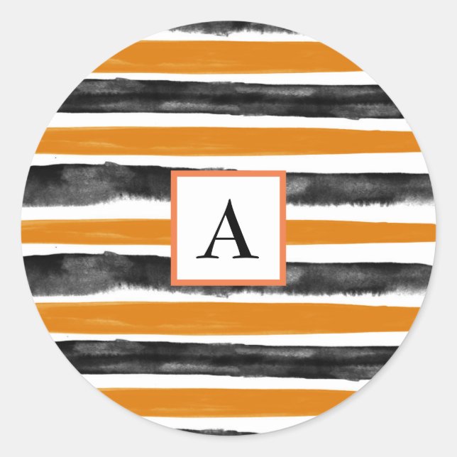 Black & Orange Halloween Watercolor Stripes Classic Round Sticker (Front)