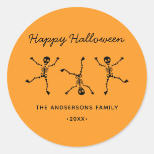 Black & Orange Hand Drawn Skeleton Happy Halloween Classic Round Sticker