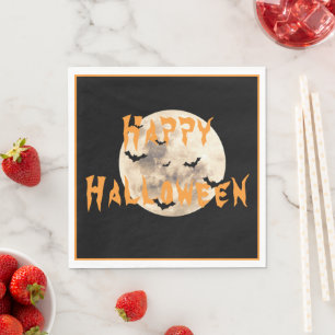 Black Orange Happy Halloween Moon Bats Napkin