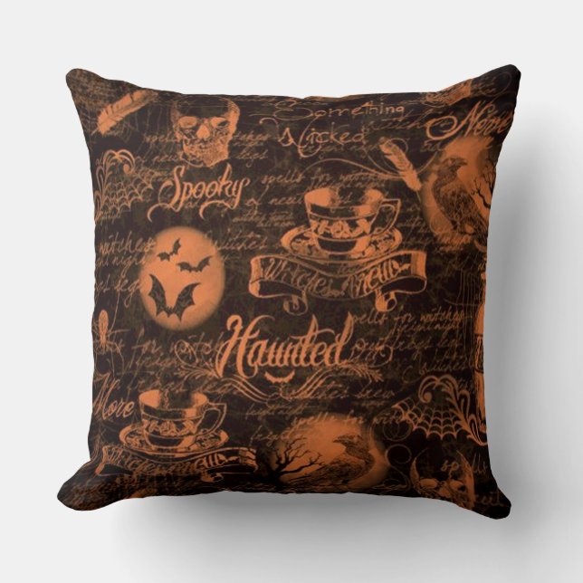 Black & Orange Haunted Halloween Cushion (Front)