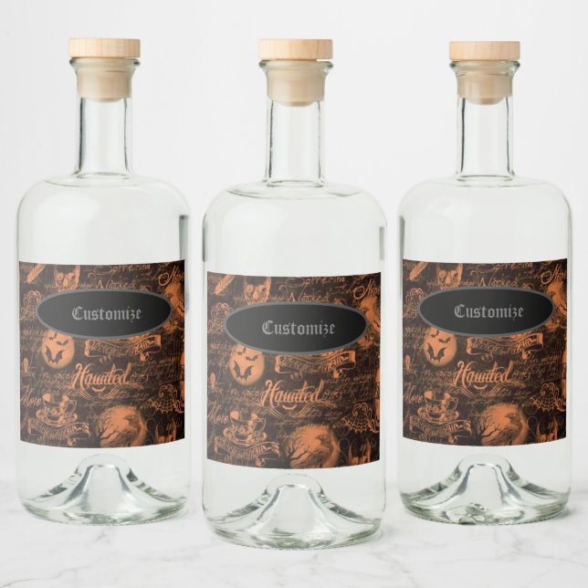 Black & Orange Haunted Halloween Liquor Bottle Label (Bottles)