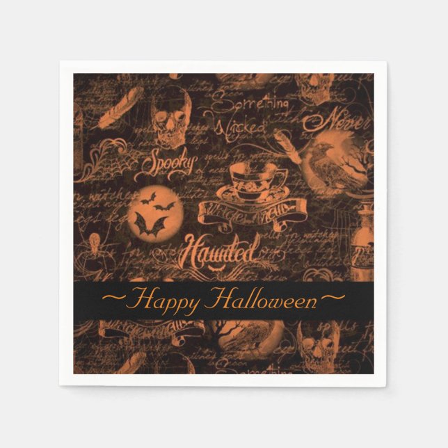 Black & Orange Haunted Halloween Napkins (Front)