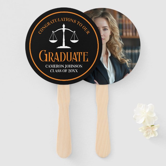 Black Orange Law School Custom Graduation Party Hand Fan (Front and Back)